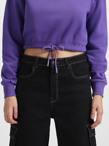 Image of JUNEBERRY Cotton Poly Fleece Regular Fit Pink, Purple Green & Orange Solid Full Sleeve Sweatshirt for Women