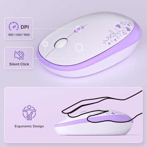 Image of Wireless Keyboard and Mouse Combo, MOWUX Full Size Typewriter Retro Round Computer Keyboard, Cute Optical Mouse Wireless, Plug and Play, for Laptop, PC, Computer- Purple Heart