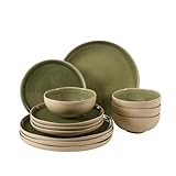 Gibson Elite Manila Bay 12-Piece Stoneware Dinnerware Set, Service for 4, Reactive Glaze Modern Artisan Plates, Bowls & Mugs, Green, Round Design