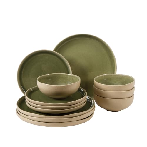 Gibson Elite Manila Bay 12-Piece Stoneware Dinnerware Set, Service for 4, Reactive Glaze Modern Artisan Plates, Bowls & Mugs, Green, Round Design