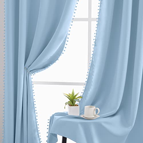Homeideas Light Blue Pom Pom Blackout Curtains 52 X 63 Inches Cute Baby Blue Curtains For Kids Nursery Grommet Room Darkening Window Curtains 2 Panels For Bedroom/Living Room #TOP6