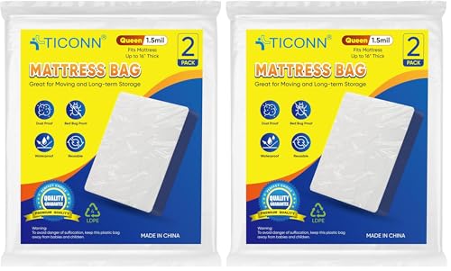 Image of TICONN 2PK Plastic Mattress Bag for Moving Storage, Waterproof Mattress Protector Cover, Heavy-Duty Mattress Moving Supplies (1.5 mil, Queen) (Pack of 2)