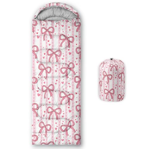 QOOMO Pink Bow Printed Camping Sleeping Bags 3 Season Warm & Cool Weather Lightweight Waterproof Sleeping Bags for Adults & Kids Traveling and Outdoors Camping Gear Equipment 31x90inch