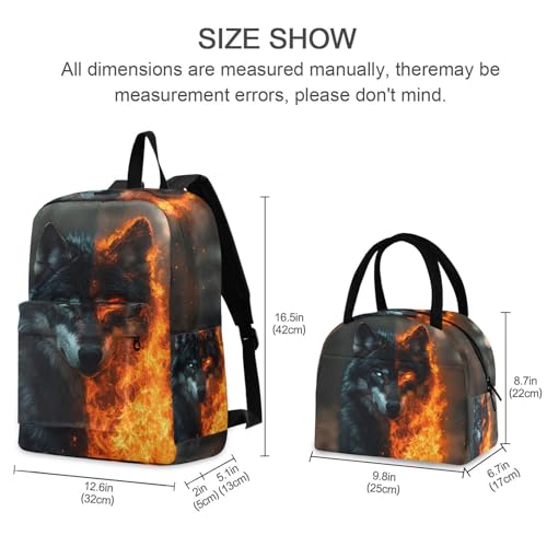 Backpack Lunch Box Set Large Capacity Travel Backpacks and Insulated Lunch Bag for Commute Hiking Picnic Wolf with Flame Print2