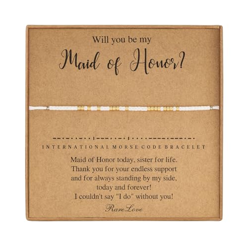 RareLove Maid of Honor Morse Code Beaded Bracelet, White Gold, 6.69in, Female, Wedding, Bridal Shower, Bachelorette