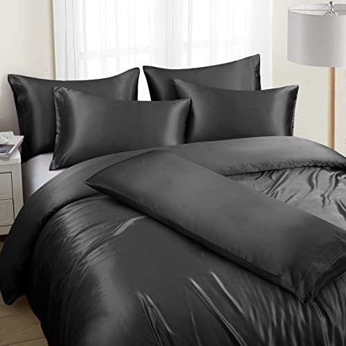 Image of Ersmak 6 Pieces Satin Duvet Cover California King Luxury Silky Bedding Duvet Cover Set with 1 Soft Duvet Cover, 4 King Pillowcases and 1 Body Pillowcase, Black