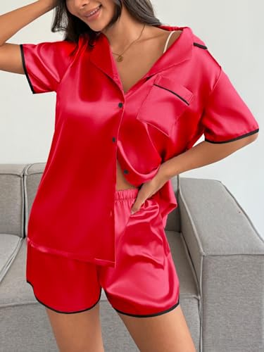 Image of Ekouaer Womens Satin Pajamas Set 2 piece Silky Buttton Down Short Pjs | Silk Notch Collar Top and Soft Shorts Lounge Set for Sleep, Daily Wear, Home, Wedding, Party