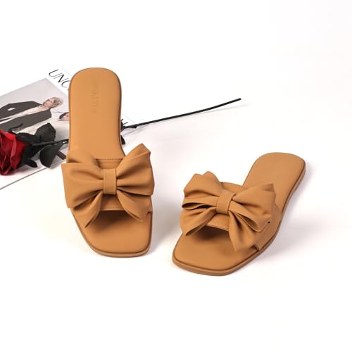 Image of Women's Bow Flat Sandals Open Saquare Toe Comfortable Slide for Wedding Beach Vacation