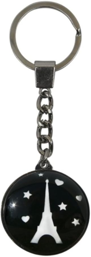 Key Ring/Chain - "Eiffel Tower" Design - White on Black w/Hearts & Stars