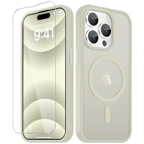 Image of YENAPOON for iPhone 14 Pro Case, Matte Magnetic Phone Cover [with 1 Screen Protector] [Support for MagSafe] [Shockproof Military Grade Protection] Translucent Frosted Back, Cream White