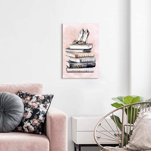 Image of HILL WEST Pink Modern Canvas Wall Art - Glam Fashion Magazine Picture Prints Stacked Book & High Heels Painting Contemporary Artwork for Girl's Room Bedroom