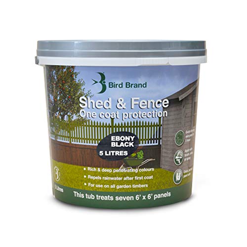 Bird Brand, Shed & Fence One Coat Protection - Garden Paint for Wood - Shed and Fence Paint - Ebony Black Colour, 5-Litre Bucket