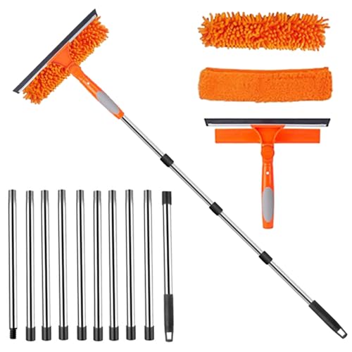 3.9M Window Cleaning Equipment – Window Squeegee Cleaner Tool Kit with 3 Microfiber Cloths, 10 Section Extendable Window Cleaning Poles for High Window Car Glass- Orange