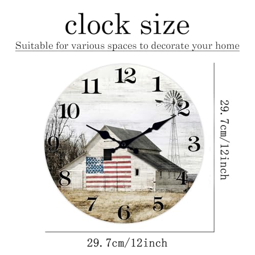 Image of XFM Farmhouse Wall Clocks Battery Operated 12 Inch Silent Rustic Barn | Vintage Wooden Country Round Analog Clock American Flag Decorative for Kitchen Bedroom Living Room Non-Ticking