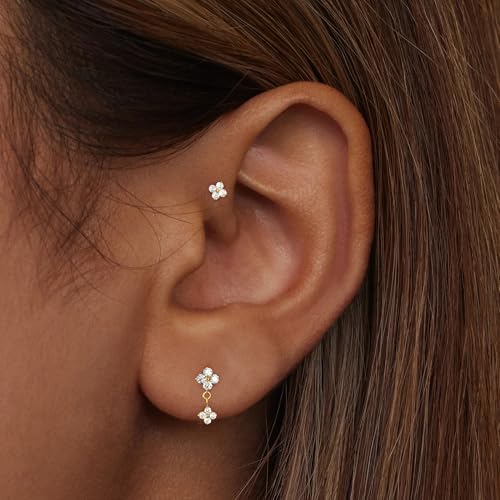 ROAMORE Flat Back Cartilage Stud Earrings For Women Tragus Helix Nose Piercing Jewelry Conch Threadless 18G Titanium Surgical Steel Hypoallergenic 14K Gold Plated CZ Silver Small Tiny Flower Studs by ROAMORE - Used condition - Image 4