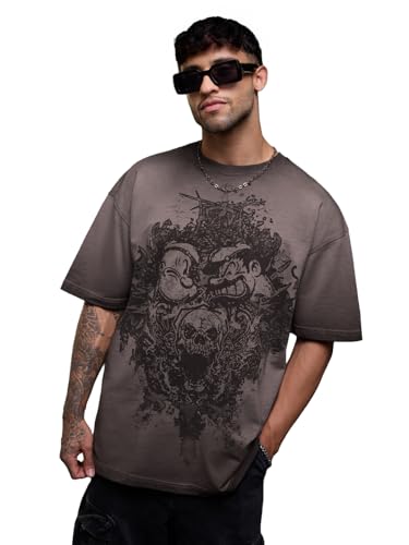 Image of The Souled Store Popeye: Skull Men and Boys Short Sleeves Round Neck Grey Graphic Printed Casual Drop Shoulder Lightweight Streetwear Cotton Oversized T-Shirt
