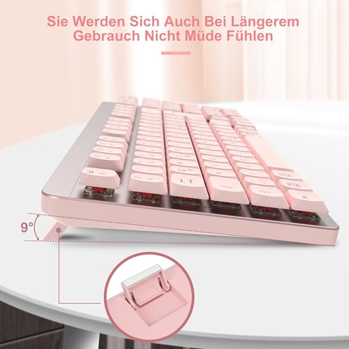 LeadsaiL FA98 Mechanische Tastatur und Maus Set Kabellos, QWERTZ Layout Funktastatur mit Maus, Low-Profile Rotem Schalter, 98 Tasten Kompakte Keyboard,1600 DPI Mouse für Windows MacOS PC Laptop-Rosa
