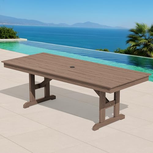 Image of SERWALL Outdoor 84 inch HDPE Dining Table with Umbrella Hole for 6-8, Brown | 9-piece HDPE 84 inch dining table, Ideal for Outdoor Gathering