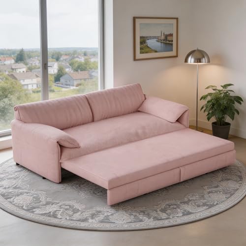 Trygoal 66" Queen Sofa Bed, 3-in-1 Convertible Pull Out Couch, Velvet Couch with Side Pocket, Couch that Turns into Bed, Sleeper Sofa Bed for Living Room, Apartment, Small Space, Pink