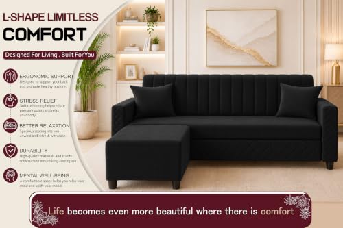 Image of L-Shaped 3 Seater Sectional Sofa with Ottoman | Modern Upholstered Couch | Vertical Channel Tufted Backrest | Diamond Quilted Arms & Base | Comfortable Living Room Furniture - Black