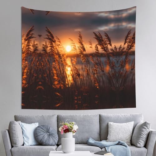 AKGFFDS Tapiz de juncos al atardecer, 152 x 129 cm, suave, ligero para uso en interiores y exteriores. Para dormitorio, decoración de dormitorio, manta de playa, paños de picnic