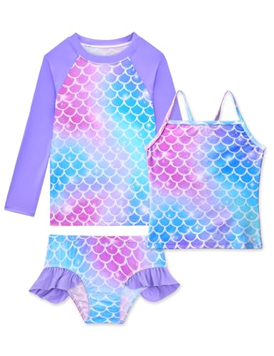 Image of Girls Rash Guard Swimsuit 3 Pieces Long Sleeve UPF50+ Quick Dry Bathing Suit for Toddler 3-12Y