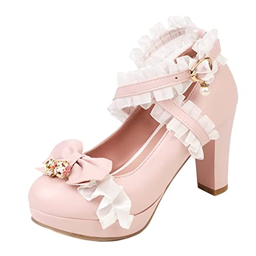 Image of FOREADA Lolita Shoes Platform Mary Jane Heels Kawaii Bow Lace Pearl Pumps | Vintage kawaii lolita styling ideal for dresses, with bead, lace, bow, ankle strap, pink, white and classic black colors