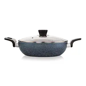 ivbox Rock-Series 3.2-LTR Deep Kadhai 3mm-Thick Non Stick with Glass Lid (Induction and Gas Stove Compatible), 260 mm, Aluminium, Grey