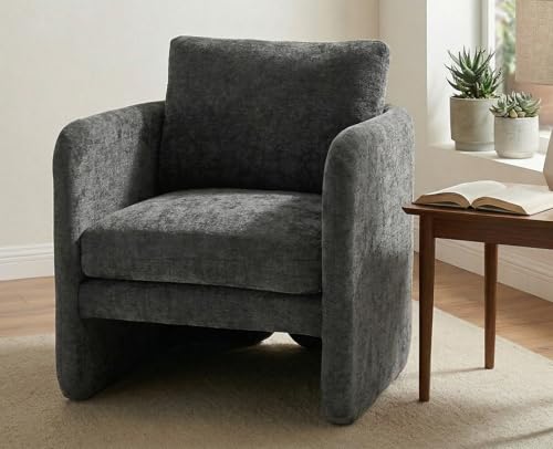 QUINJAY Modern Barrel Accent Chair, Single Sofa Chair with Removable Back Pillow, Comfy Chenille Upholstered Reading Accent Chair Lounge Armchair for Bedroom Living Room, Grey