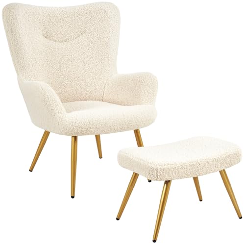Yaheetech Sillón Orejero con Reposapiés Butaca de Salón Tapizada en Bouclé Sillón Lectura con Otomana de Respaldo Alto Ergonómico Soporte 136kg Ideal para Salón Dormitorio Oficina Marfil