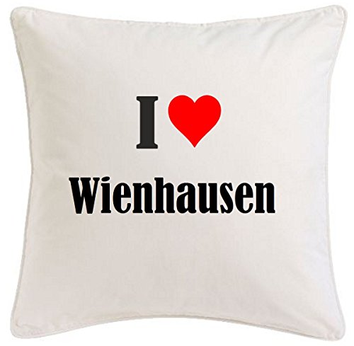 Kissenbezug "I Love Wienhausen" 40cmx40cm aus Mikrofaser ... ideales Geschenk und geschmackvolle Dekoration für jedes Wohnzimmer oder Schlafzimmer in Weiß mit Reißverschluss