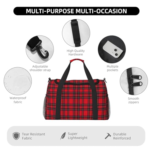 Royal Stewart Tartan Red Black Plaid Lightweight Travel Duffle Bag – Spacious Overnight Bag With Mesh Side Pockets, Adjustable Strap & Reinforced Design4
