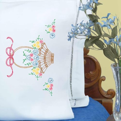 Jack Dempsey Needle Art Basket of Daisies Perle Edge Pillowcases, Standard
