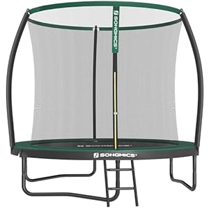 SONGMICS Trampolin für den Außenbereich, für Kinder, Durchmesser 244 cm, Schutznetz, gebogener Pfosten, 180 cm hoch, Sicherheitskissen, Leiter, Stahlrahmen, Schwarz und Grün STR082C01