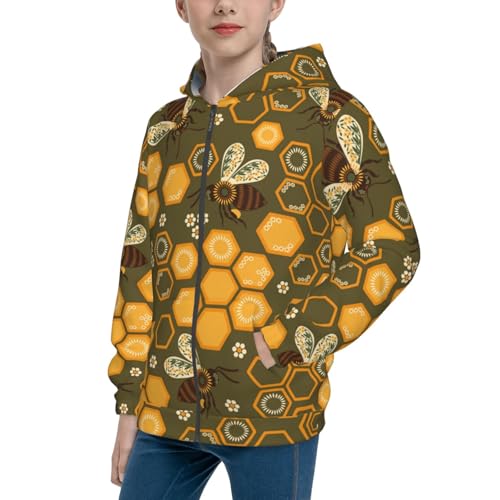 Bees and Honeycombs Kid Hoodies Boys Zip Up Sweatshirts Girls Pullover with Pocket