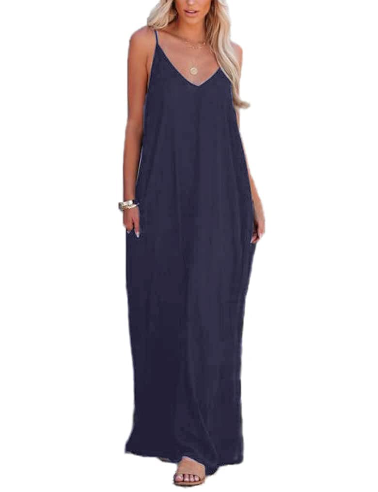 Poetsky Womens Casual Strappy V Neck Sleeveless Flowy Pockets Loose Long Maxi Beach Dress Sundress - - Small
