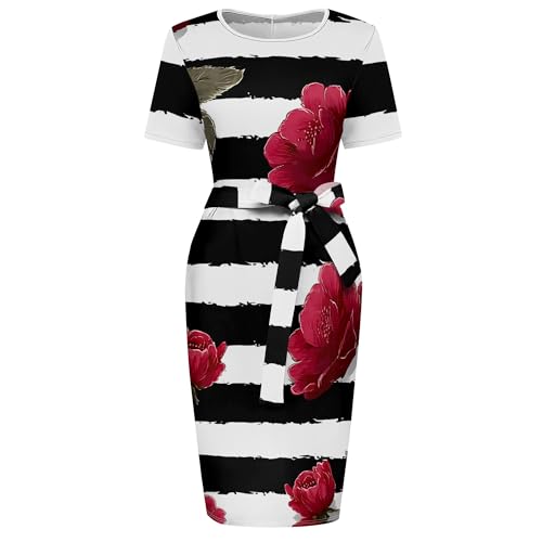 Women Midi Bodycon Dress Casual Crewneck Short Sleeve Tie Front Waist Belted Office Work Knee Length Pencil Dresses4