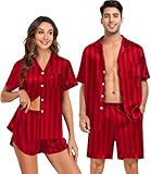SWOMOG Couple Satin Matching Pajamas Sets Women & Men Short Sleeve Sleepwear Silk Button Down Nightwear 2 Pieces Loungewear