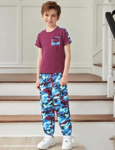 Image of mksodopy Boys Clothes Outfits Set, Camo Cargo Pants and Short Sleeve Pocket Tee 2PC Summer Tracksuit for Kids 5-16Y