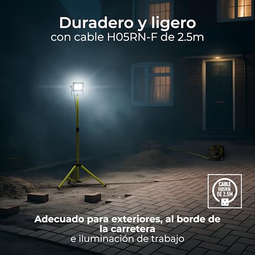 Foco LED de trabajo regulable IP65 con trípode multiposición cabezal único y cable largo 6