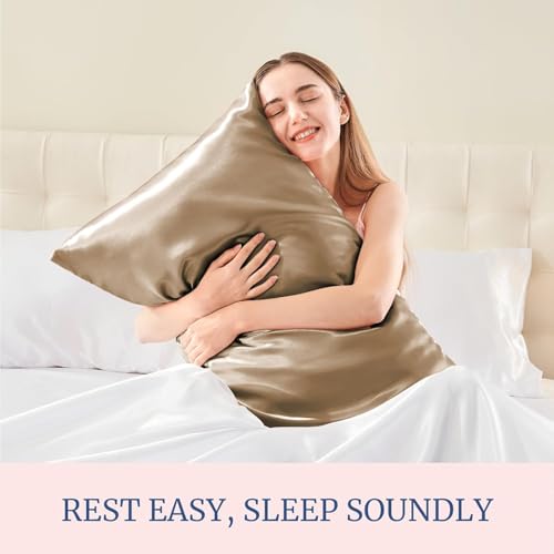 Image of Go Well Bonnet for Curly Hair with Free Satin Pillow Covers and Scrunchies | Silk Bonnet for Hair | Combo of Pack of 2 Satin Pillowcases with 3 Silk Scrunchies Adjustable HairCap (khakhi)