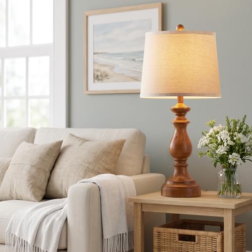Image of PARTPHONER Traditional Table Lamp Set of 2, Rustic Farmhouse Table Lamps for Living Room Bedroom, 27 inch Bedside Desk Lamps Vintage Nightstand Lamps with Linen Shades, Wood Grain