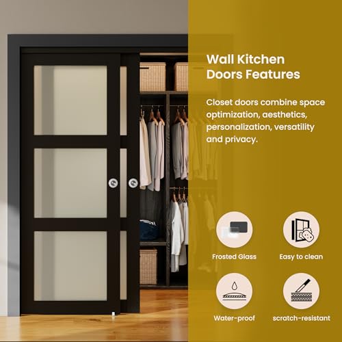 SMARTSTANDARD Bypass Sliding Closet Doors 48x80 in (Double 25in) for Bedroom, 3-Lite Frosted Glass Bypass Door with Hardware Kit Included, Preassembled Door Panel, Water-Proof PVC Surface, Black