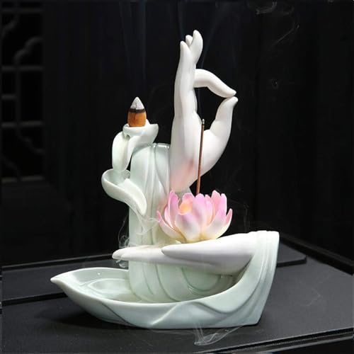 Brûle-encens à refoulement en céramique avec 10 cônes d’encens, forme de lotus (lotus 3)