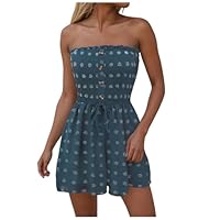 Ladies Summer Short Romper Outfits Off Shoulder Sleeveless Drawstring Jumpsuits with Pockets Fashion Solid Color Button Front Elastic Waist Wide Leg Playsuit Going Out Daily Sports (ZB-Blue, S)