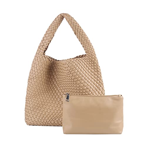 Image of Woven Tote Bag for Women with Purse, Vegan Leather Hobo Bags Large Handmade Underarm Shoulder Bag