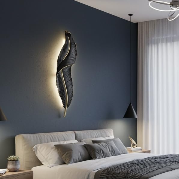 Image of Resin Antique 900MM Feather Wall Sconce|Snowy Quill Decorative Wall Light for Living Room, Hallway, Kitchen & Office- Warm White, Cool White, Natural White (Black+Golden)