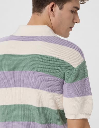 Image of THE BEAR HOUSE Multi-Color Horizontal Striped Textured Knit Design Regular Fit Polo