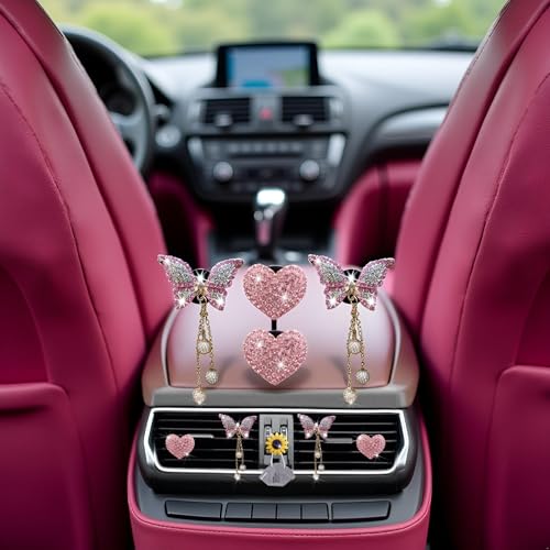 Image of 4 Pcs Pink Heart and Butterfly Pandent Air Vent Clips, Bling Heart Air Fresheners Vents Clips Diamond Car Interior Decor Bling Cute Car Accessories + Sunflower Mask Hook