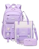 Tanou Schulrucksack Teenager Mädchen Rucksack, Schultaschen-Set mit Studenten Umhängetasche Federmäppchen, Atmungsaktiver Schulranzen Groß mit Laptopfach für 15,6-Zoll-Laptop, Lila